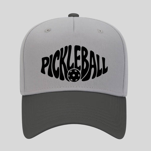 Gray cap with 'Pickleball' and pickleball ball design on a light gray background